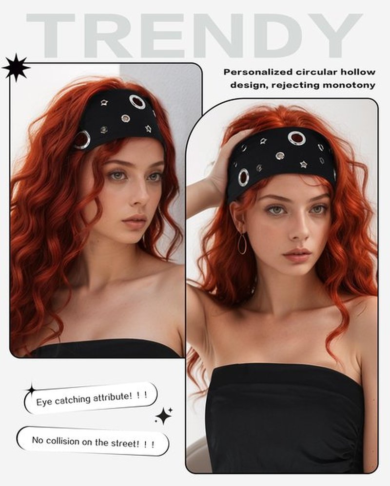 JENSVOIR Grommet Headband for Women, Black Star 23cm Hollow Out Elastic Hair Band, Eyelets Punk Grunge Stylish Hairband