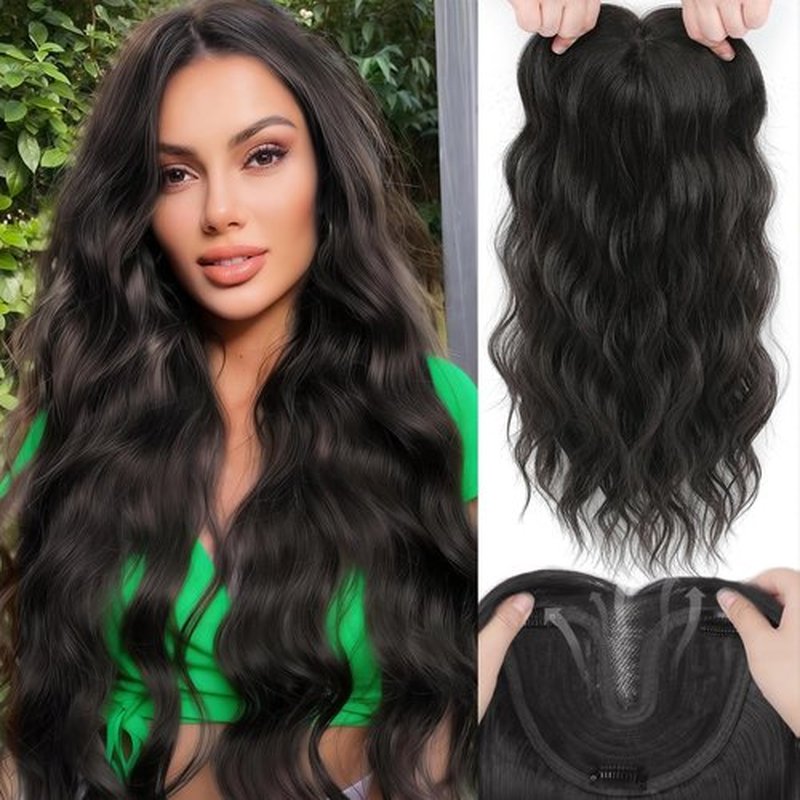 Hair Toppers for Women, 20 Inch Hand Tied Breathable Toppers Hair pieces for Women with Thinning Crown Middle Part Bangs Mix Human Hair Clip in Curly Lightweight Wiglets (Dark Brown, Side Bangs)