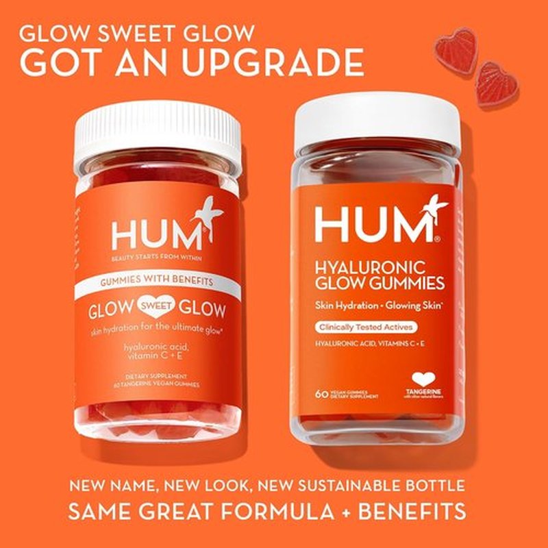 HUM Hyaluronic Glow Hydrating Skin Care Supplement - Vegan Gummies with Low Molecular Hyaluronic Acid & Vitamin C | Tangerine Flavor, 60 Count