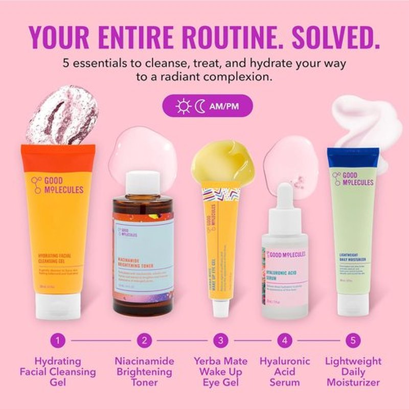 Good Molecules Daily Skincare Routine Set - Hydrating Cleanser, Niacinamide Toner & More | 5 Essential Pieces