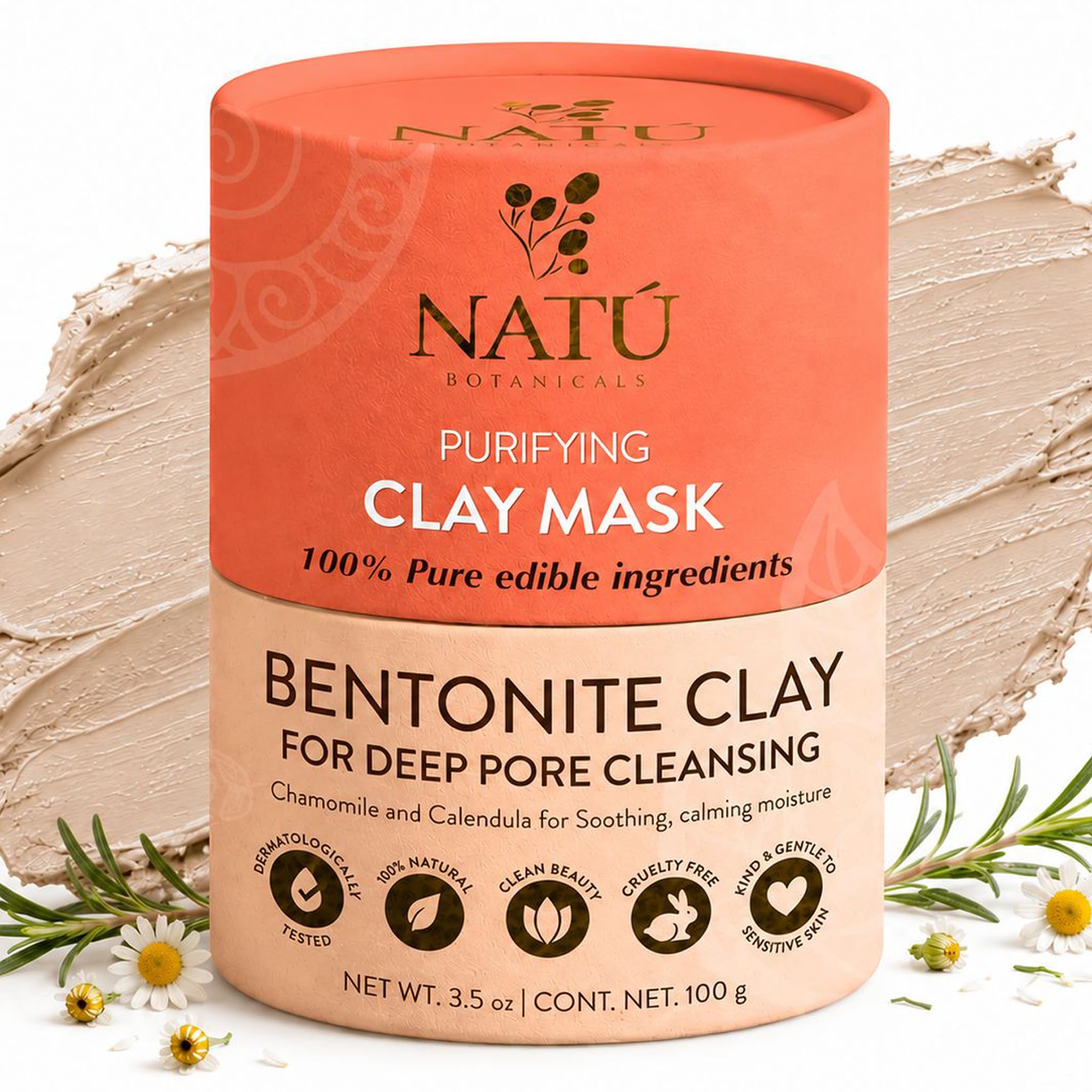 NATÚ BOTANICALS Purifying Bentonite Clay Powder Mask for Face – Deep Pore Cleansing, Oil Control, Helps Tighten, Clarify & Skin Refining Hydrating for Oily, Combination & Sensitive Skin
