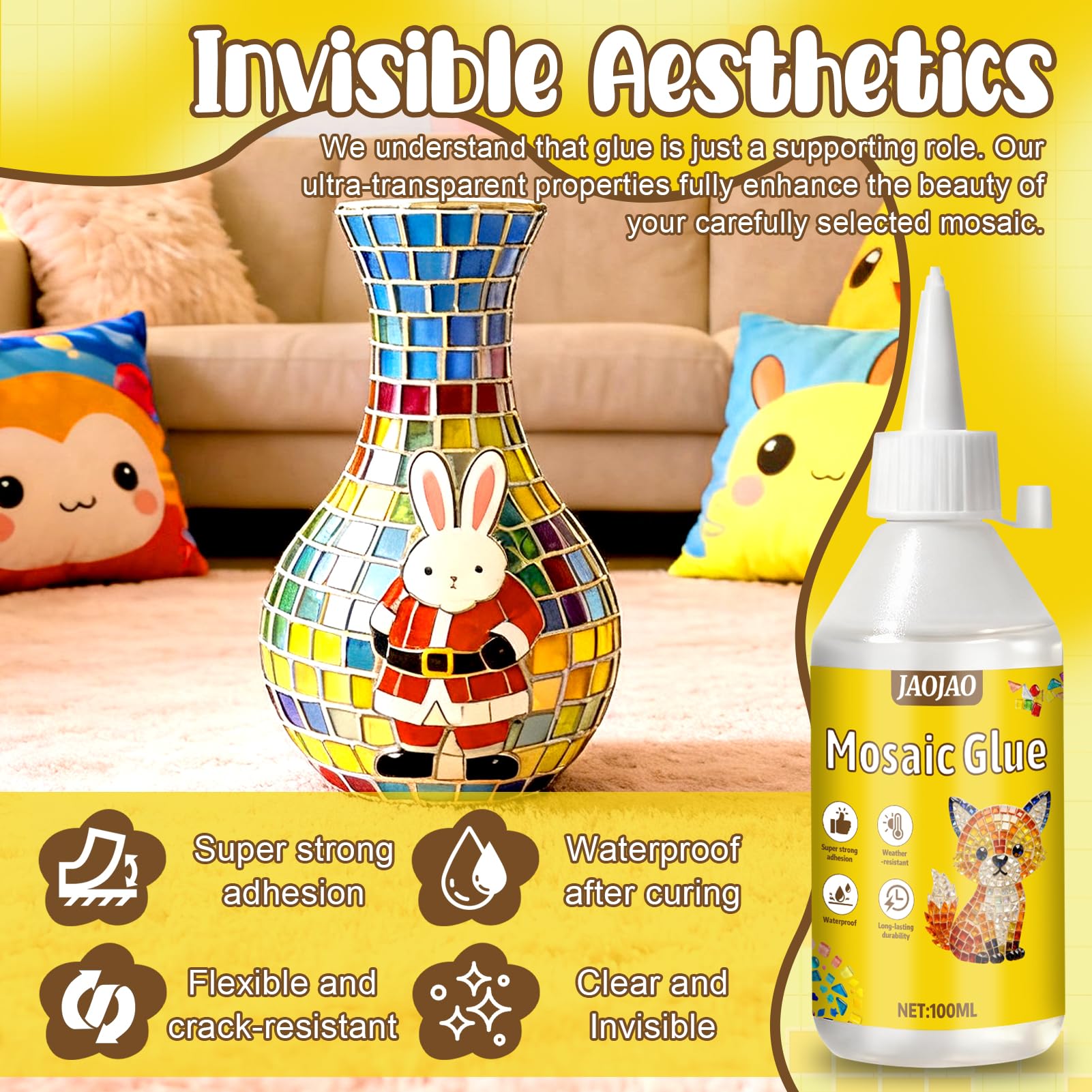 JAOJAO Mosaic Tile Glue, Mosaic Adhesive Super Strong Adhesion Durable Firm Flexible Weather and Shock Resistant Waterproof Quick Drying for DIY Tile Art Supplies, 100ml*2