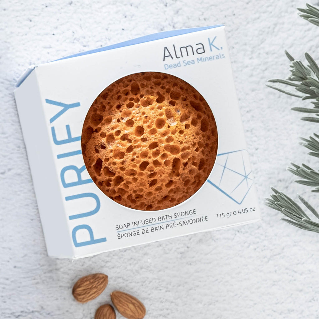 Alma K Soap Infused Bath Sponge - Bath & Shower Loofah for Women - Exfoliating Body Scrubber with Sweet Almond and Aloe Vera - White Tea and Neroli Scent - Use 20 Plus Times - 4.05 oz
