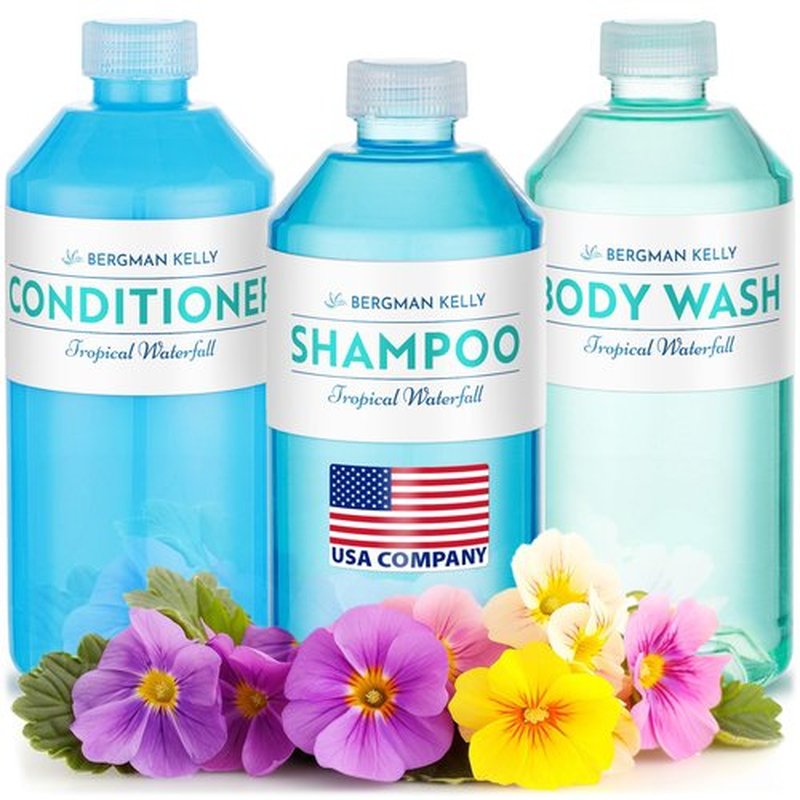 Bergman Kelly - Replacement Shampoo, Conditioner & Body Wash Refill Set - 12.6 oz, 3 Piece Set - Tropical Waterfall - for Dispensers - Delight Guests with Invigorating & Refreshing Hotel Hospitality