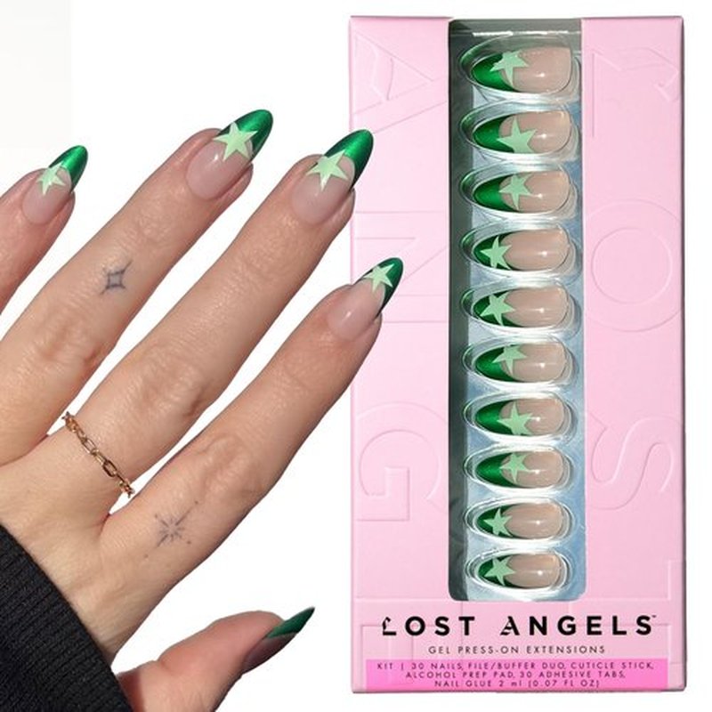 Lost Angels Gel Press On Nails - I Don’t Care - Green Metallic French Tip with Nail Art - Star Press On Nails Almond Medium Length - Easy Kit with Glue & Adhesive Tab - 30 Count, 15 Sizes
