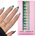 Lost Angels Gel Press On Nails - I Don’t Care - Green Metallic French Tip with Nail Art - Star Press On Nails Almond Medium Length - Easy Kit with Glue & Adhesive Tab - 30 Count, 15 Sizes