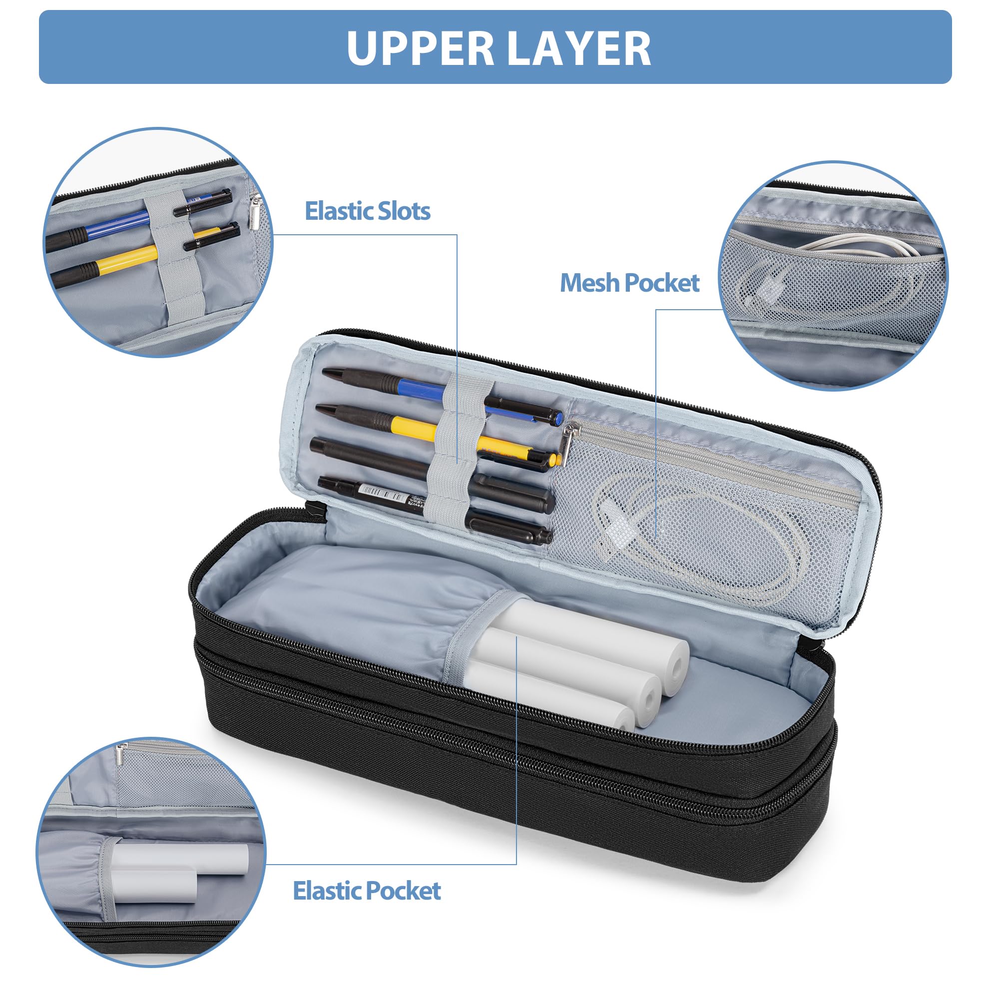 Yarwo Portable Printer Case Compatible with Phomemo M08F, Itari M832, JADENS, Aixiqee, MUNBYN and Most Wireless Thermal Printer, Double-Layers Mobile Printer Storage Bag for Papers & USB Cable, Black