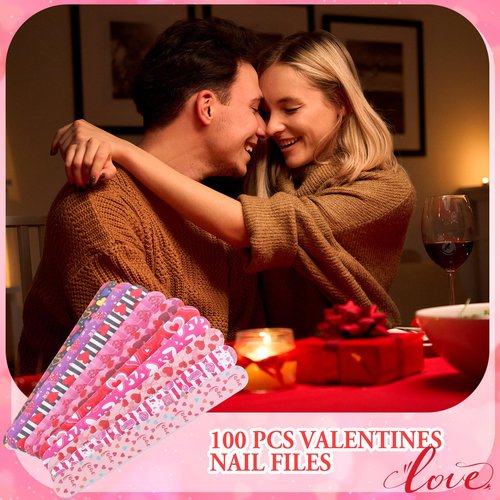 Lanties 100 Pack Valentines Nail Files Gift Bulk for Women Pink Red Heart Strips Emery Boards 7 Inch Large 180 Grit Double Sided Nail Files for Holiday Party Favors Women Customers Coworkers Staff