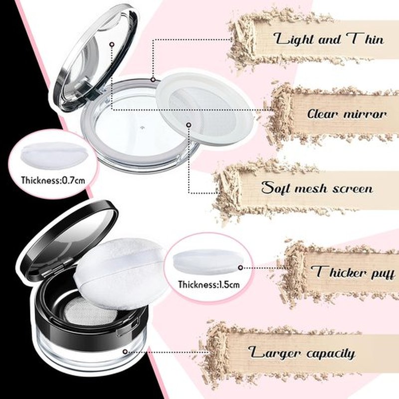 Cunhill Loose Powder Container Set - 2 Reusable Plastic Cases with Puff & Mirror | 0.17/0.7 oz (Silver, Black)