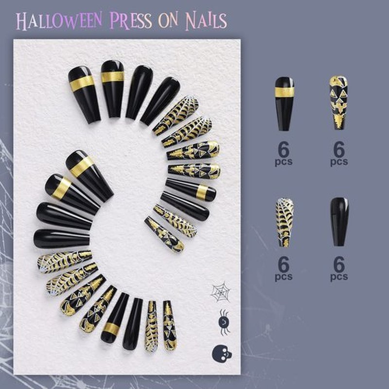 Kikmoya Halloween Extra Long Press on Nails Black Coffin Fake Nails with Gold Pumpkin Sipder Web Design Stick on Nails for Women 24pcs Glossy Acrylic Artificial False Nails (Gold Pumpkin Coffin)