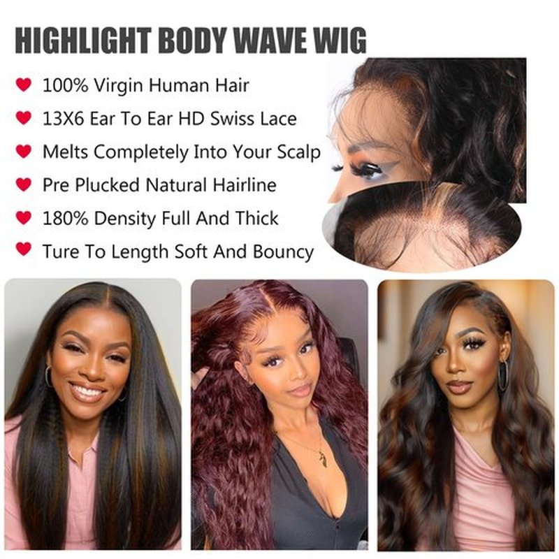 ManeMajesty 13x6 HD Lace Front Wig Human Hair Highlight Glueless Body Wave Wig for Black Women FS1B/30 Balayage Ombre | Pre Plucked 180% Density 12 Inch