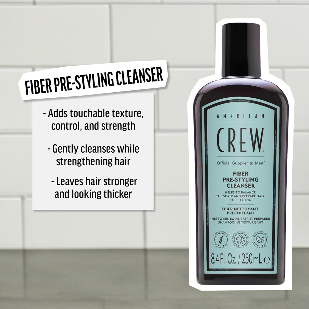 AMERICAN CREW Men's Pre-Styler Fiber Shampoo for Damaged & Fine Hair, Strengthening & Scalp Balancing, Adds Thickness & Shine, Vegan, 8.4 fl oz