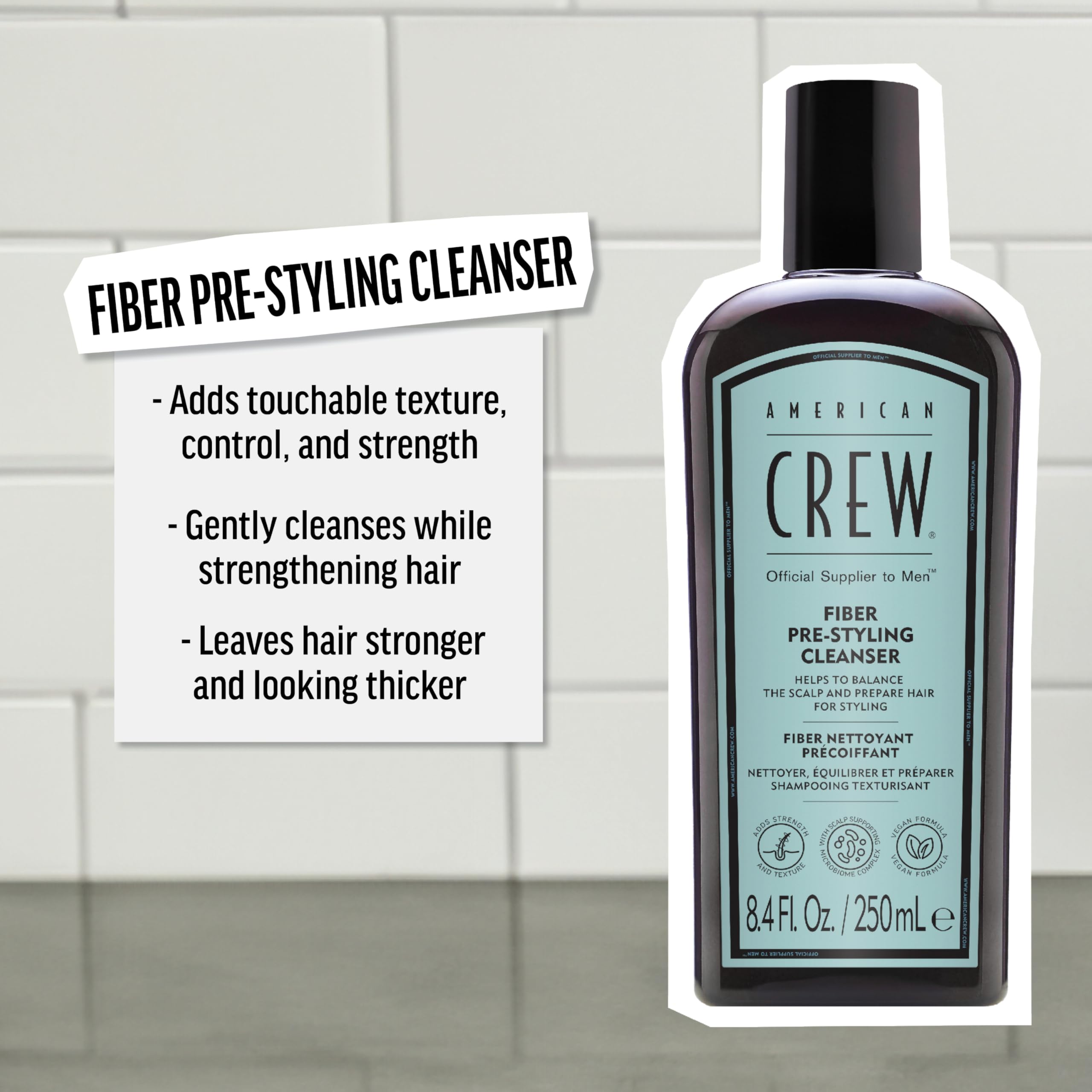 AMERICAN CREW Men's Pre-Styler Fiber Shampoo for Damaged & Fine Hair, Strengthening & Scalp Balancing, Adds Thickness & Shine, Vegan, 8.4 fl oz