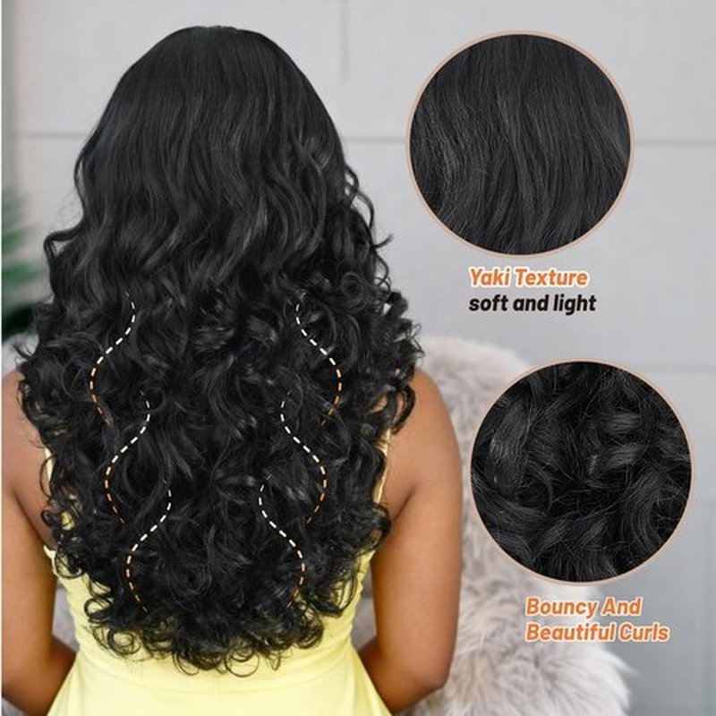 Rafabcici V Part Yaki Curly Wig for Black Women,26 Inch Premium Upgraded Synthetic Afro Curly Half Wig with Clips,Natural Texture No Leave Out(Natural Black)