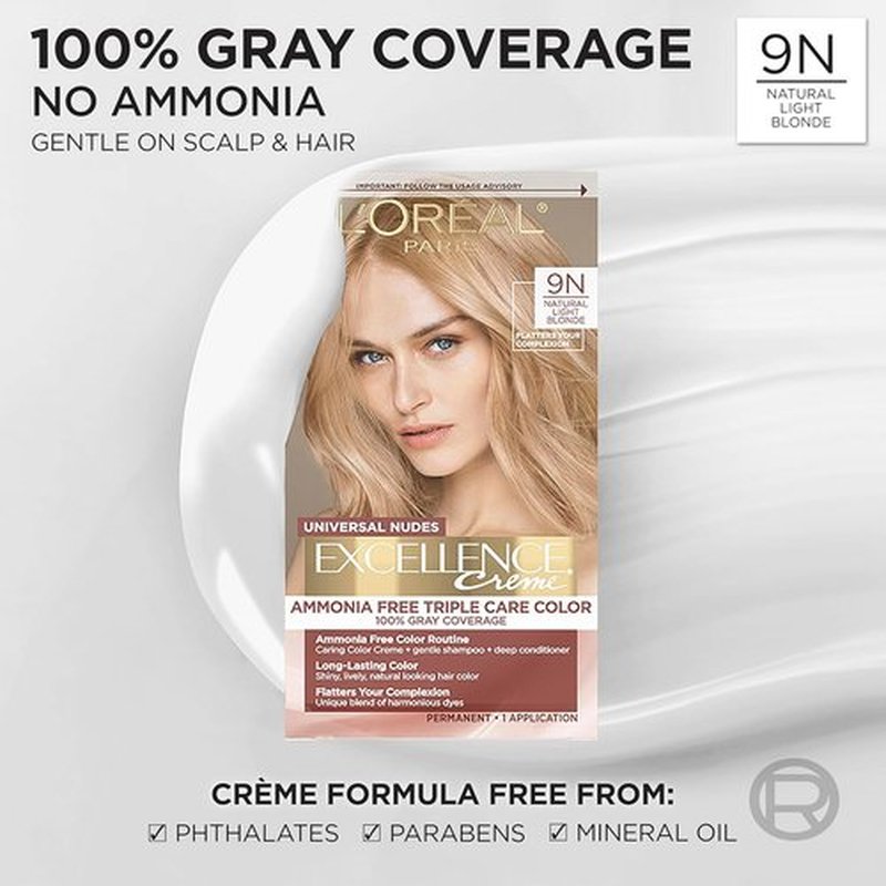 L’Oreal Paris Excellence Hair Color - Ammonia-Free Gray Coverage | 9N Natural Light Blonde Kit