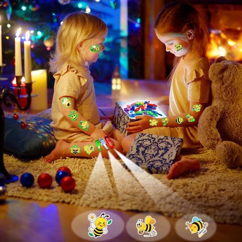 72 PCS Bee Party Favors – 48 PCS Luminous Tattoos & 24 PCS LED Finger Lights Combo – Birthday Goodie Bag Fillers, Party Supplies, Gifts Light Up Toys Glow In The Dark for Boys and Girls
