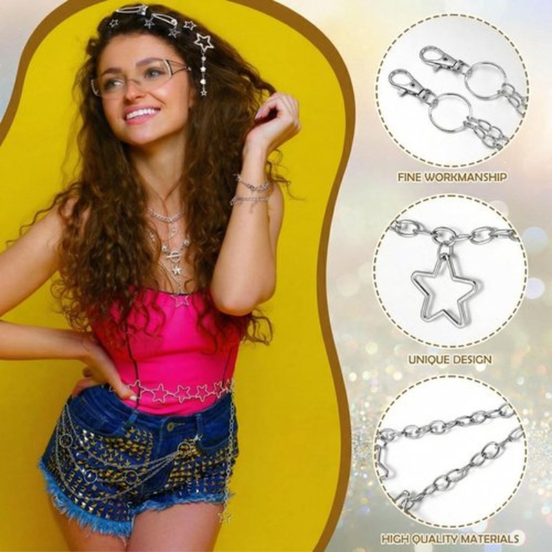 Fourluoo 60 Pcs Y2k Accessories Set Included Y2k Choker Bracelet Ring Sunglasses Hair Clips Chain Belt 2000s Accessories Set (Gradient Silver, Silver)