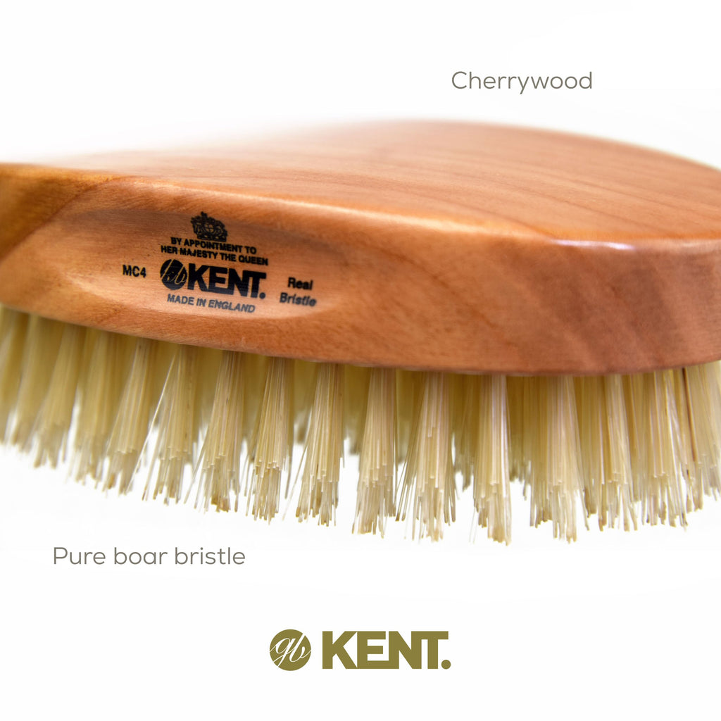 Kent MC4 Men's Hair and Beard Brush Kit: Exfoliating Natural Boar Bristle Hair Brush, Cherrywood Base with Firm Bristles for Coarse Hair Types - LPC3 Brush Cleaner - Premium Grooming Set