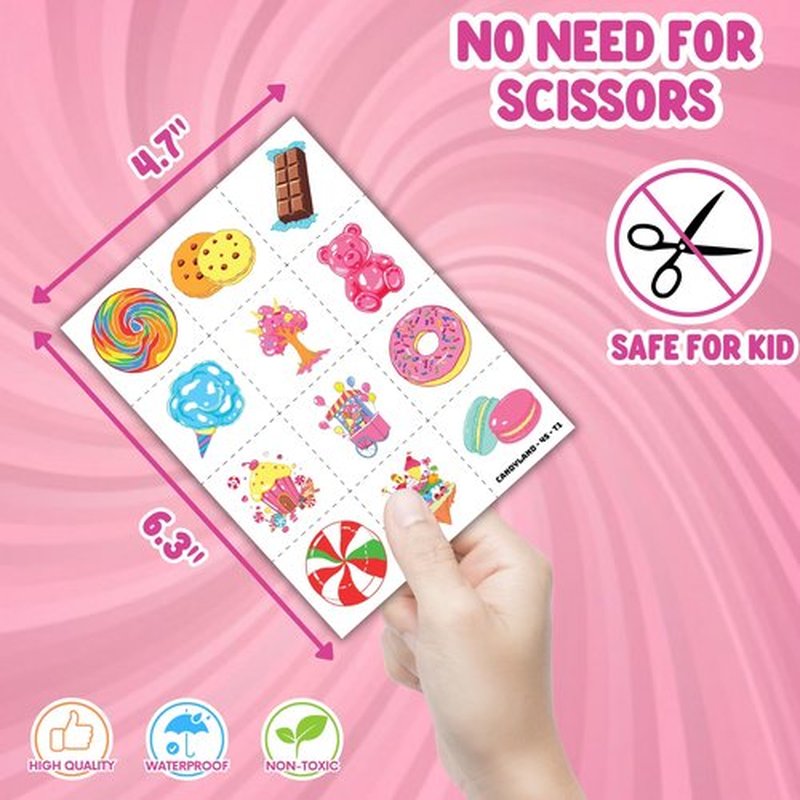 72PCS Candyland Party Set 48PCS Temporary Tattoos & 24PCS Slap Bracelets Fun Candy Themed Birthday Supplies, Baby Shower Gifts, Classroom Rewards & Party Decorations for Kids (Boys & Girls)