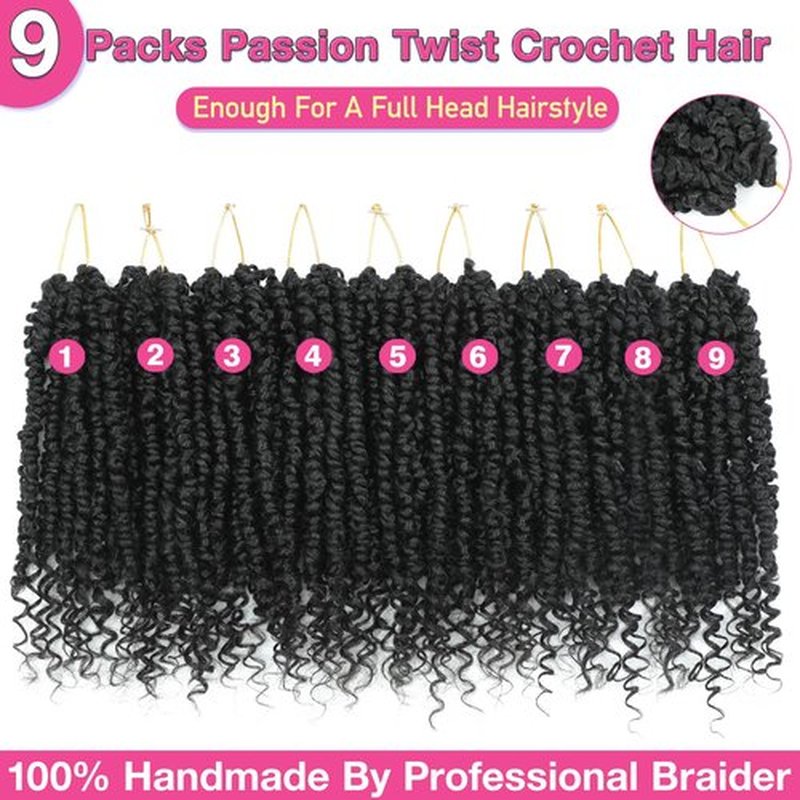 9 Pack Passion Twist Crochet Hair 10 Inch Pre-twisted Passion Twist Hair Pre Looped Boho Crochet Braids Hair for Women Girls and Kids (10Inch,1B)