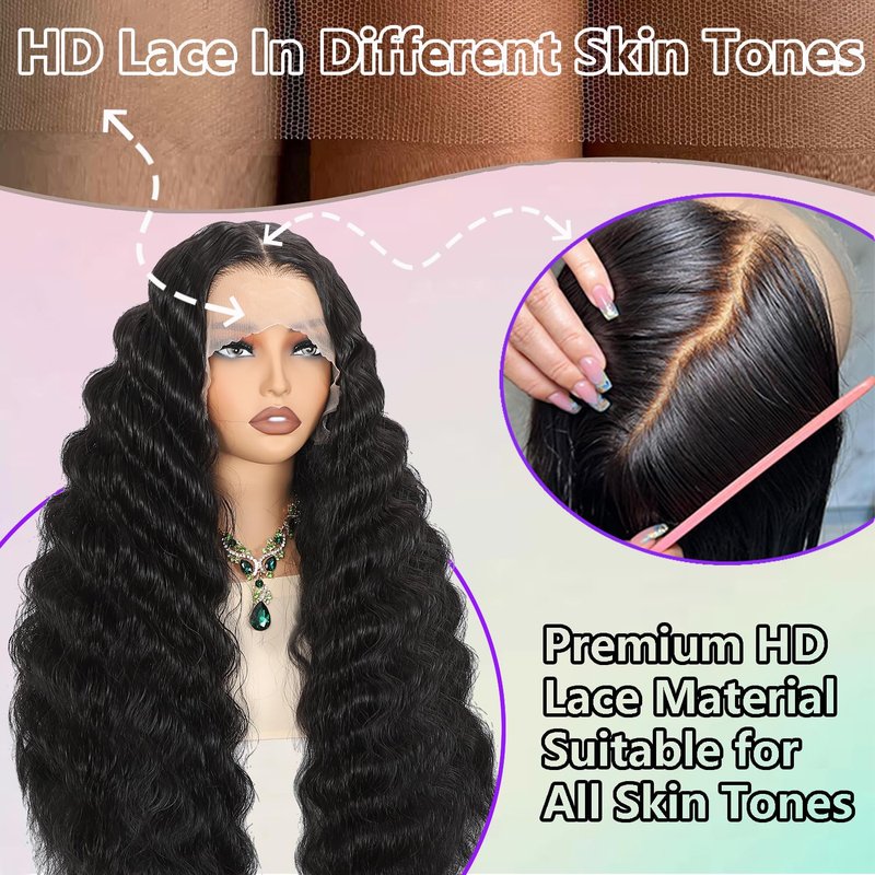 VIPPRETTY 13X6 HD Lace Front Wig,30Inch Glueless Loose Deep Wave Wig Natural Black.Synthetic Lace Front Wigs Pre-Plucked,Vogue Highlight Technology-Premium Fiber &Heat Resistant Human Hair Touch