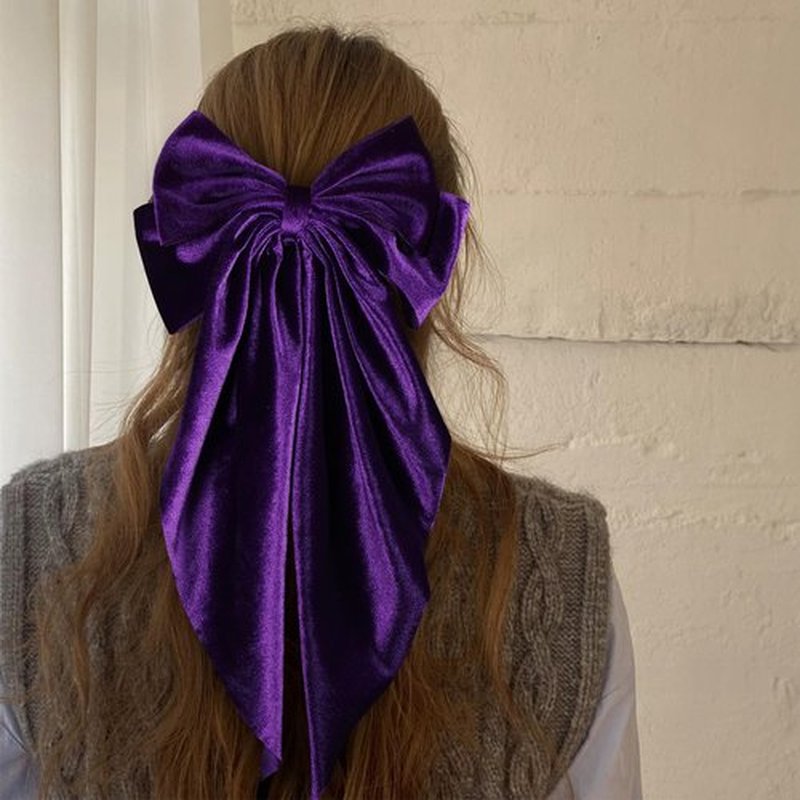 Purple Velvet Large Hair Bow Long Tail Bowknot Hair Barrette Clip 8.26 Inch Women Girls Fall Winter Ponytail Holder Hair Accessories