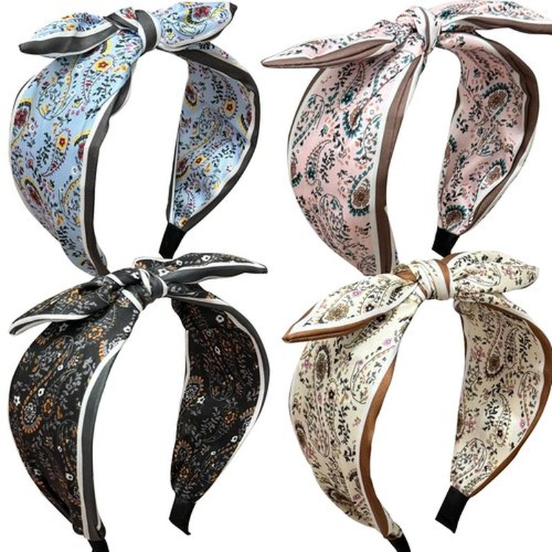 Jseng 4Packs Knotted Headbands for Women, Bow Headbands, Floral Bandana, Cute Rabbit Ear Hairbands Beige, Pink, Light Blue, Charcoal Grey