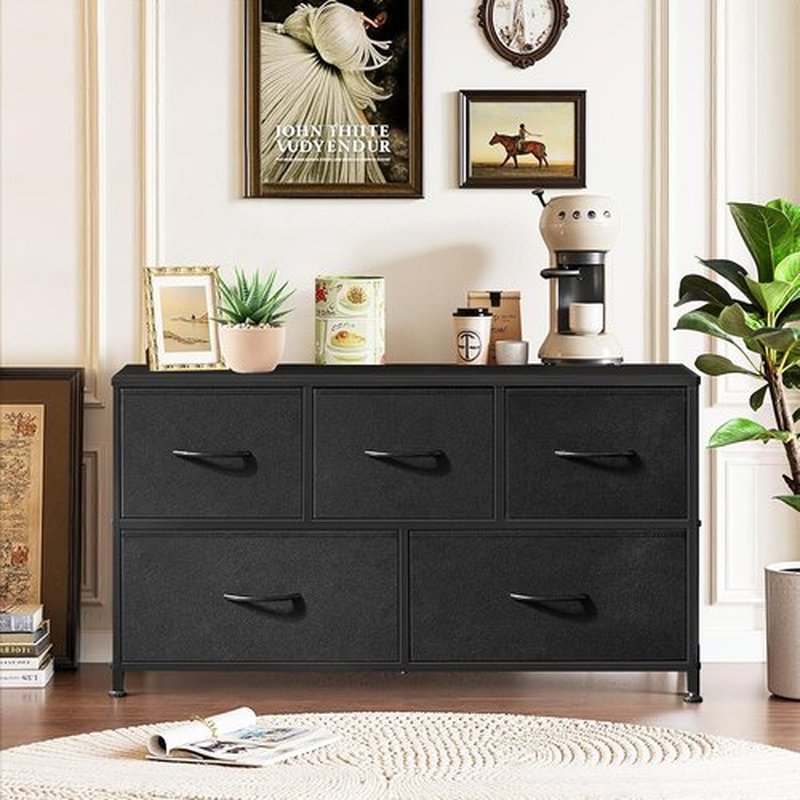 Skiennix 5-Drawer Dresser - Anti-Tip Fabric Chest with Wooden Top & Metal Frame | Black