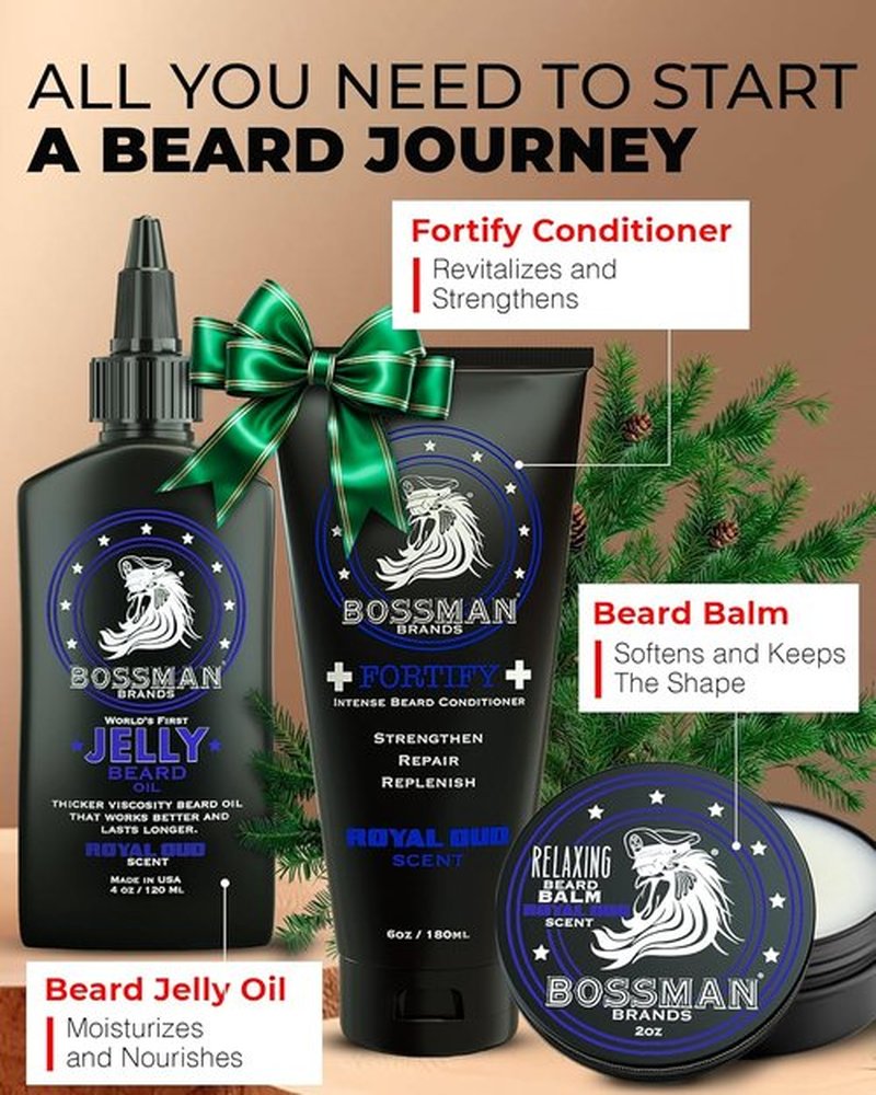 Bossman Essentials Beard Kit - 3-Piece Grooming Set with Oil Jelly, Conditioner, & Balm | Perfect Gift for Men