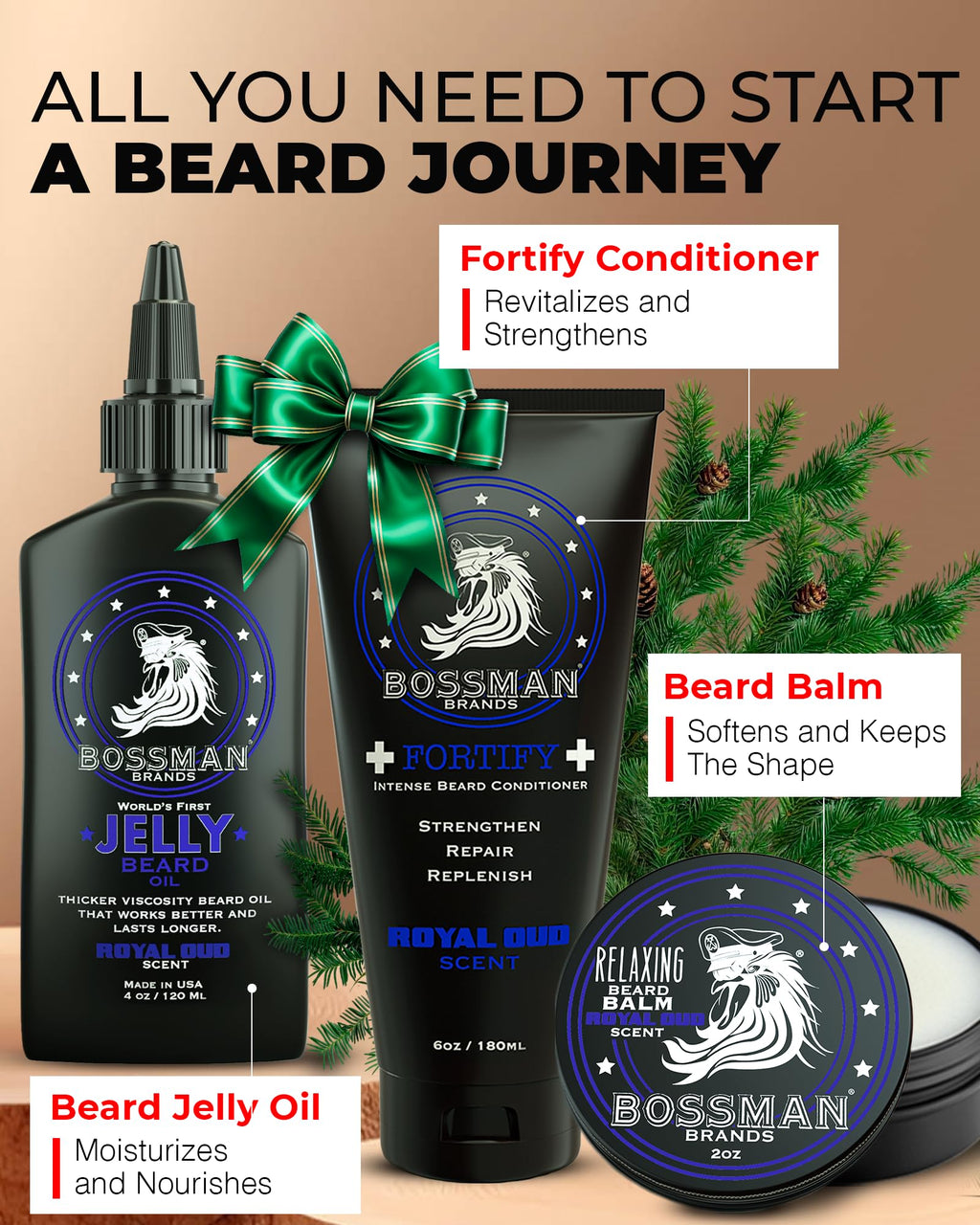 Bossman Essentials Beard Kit for Men, Set of 3 - Beard Oil Jelly, Fortifying Conditioner Cream, Beard Balm - Grooming Growth Care Accessories - Gift Set for Men (Vetiver X)