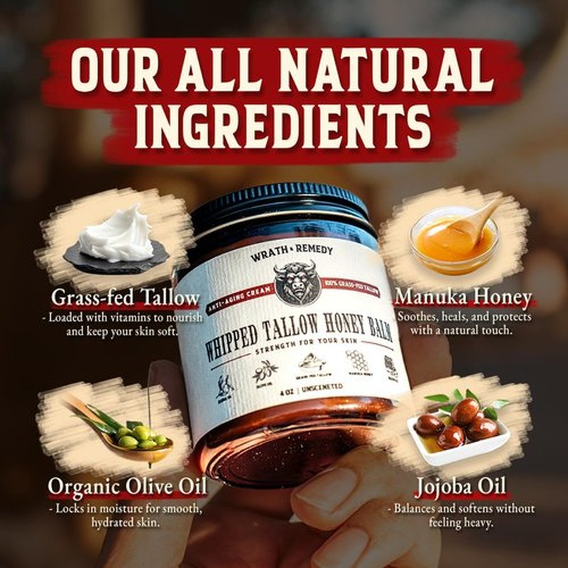 Organic Beef Tallow for Skin - 4 OZ (Unscented) — Grass Fed Beef Tallow for face + Body — US-Made Whipped Tallow and Honey Balm Moisturizer for Dry and Sensitive Skin, Eczema, Rosacea (No Additives)