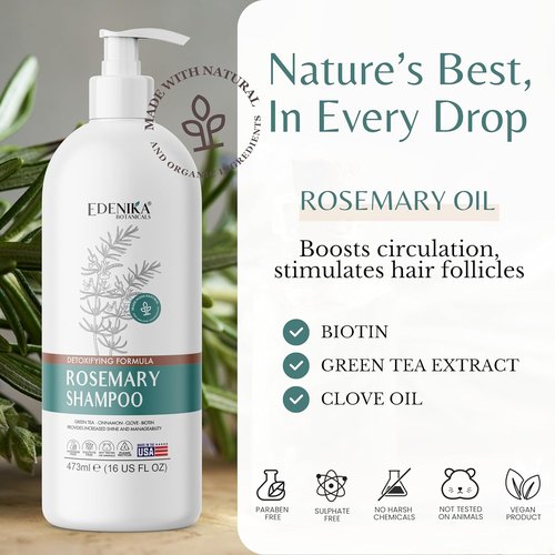 Edenika Botanicals Rosemary Oil Shampoo - Biotin Formula for Thinning Hair | Sulfate-Free, 16 fl oz