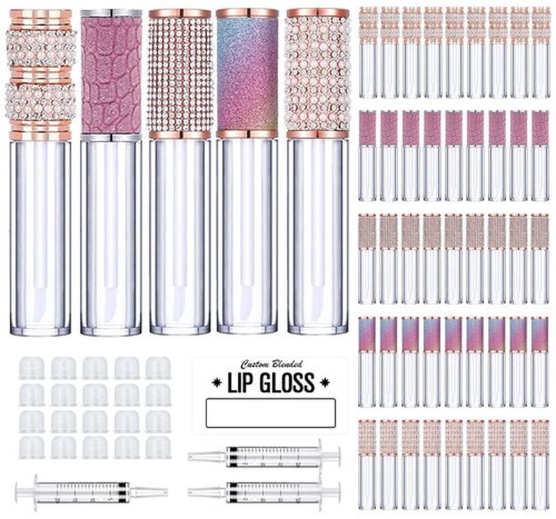 AMORIX 50 Pack Diamond Lip Gloss Tubes with Wand 5ml Empty Rhinestone Lip Gloss Containers + 3pcs Syringes + Labels for DIY Base