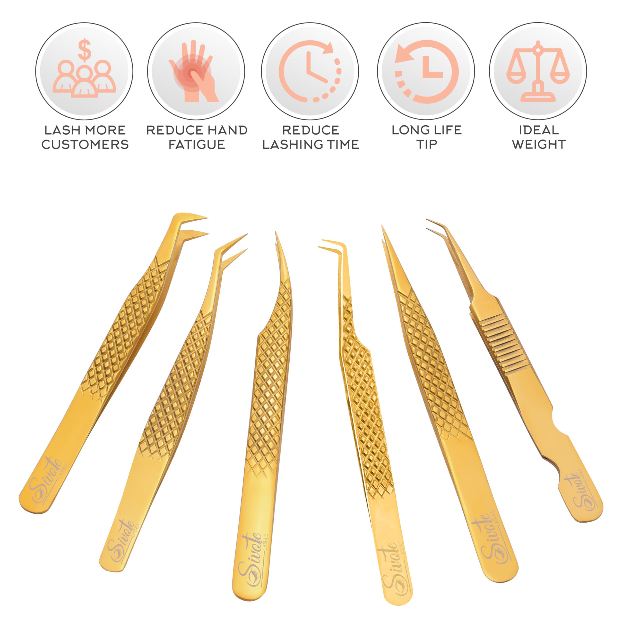 SIVOTE Eyelash Extension Tweezers Fiber Tips Japanese Steel, Set of 6 – Curved, Dolphin, 90° 45° Volume Boot & Slight Curved Tweezer – Professional Lash Tweezers for Lash Extensions Gold