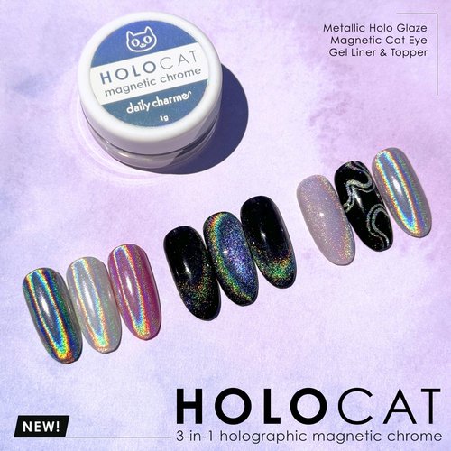 Daily Charme Holographic 3-in-1 Cateye Magnetic Nail Chrome Powder 1g, Holo Rainbow Cat Eye Effect, Home DIY/Nail Salon Manicure (Holographic Silver)