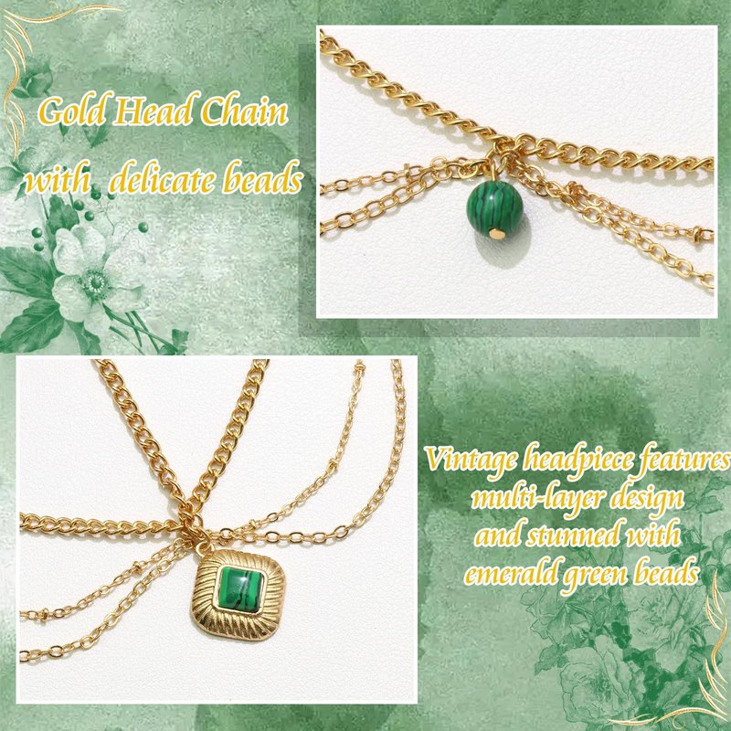 VENOFEN Head Chain Gold Headpiece Imitation Emerald Beads Forehead Jewelry for Women Boho Style Multi-Layered Chain Head Jewelry Festival Hair Decoration Accessories