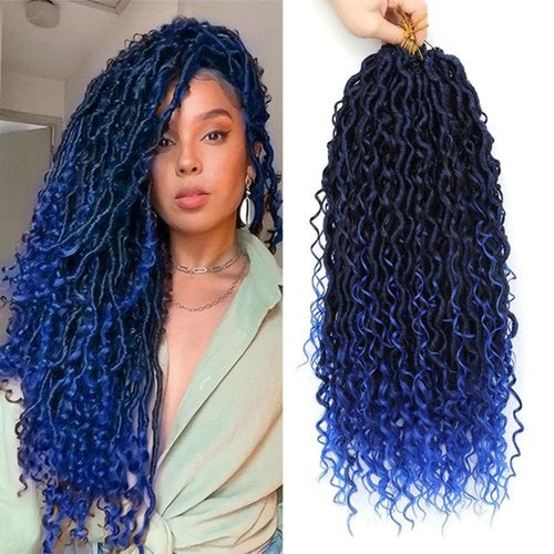1B/Blue Boho Faux Locs Crochet with Curly Ends 8 Packs Goddess Locs Crochet Hair Pre Looped Crochet Braids Synthetic Hippie Hair Extentions (1B/Blue,18 Inch)