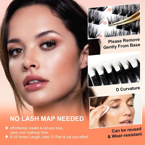 SOFENIDA Lash Clusters 80D Cluster Eyelash Extensions 8-16mm Cat Eye Wispy Eyelash Clusters 12 Pairs D Curvature Eyelash Clusters Left & Right Diy Lash Extension at Home