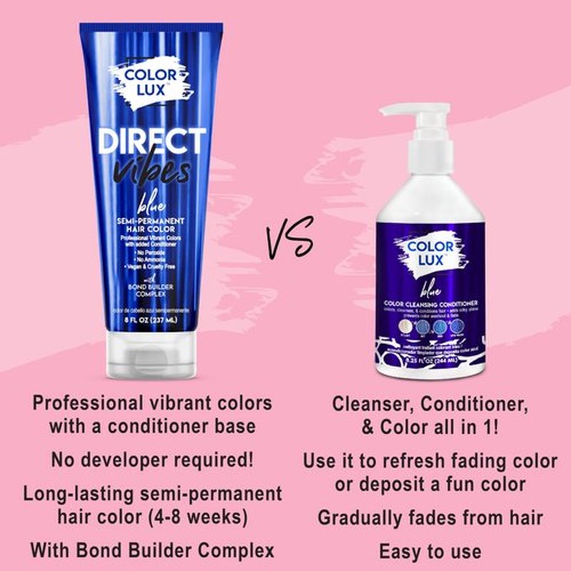 Color Lux Direct Vibes Semi-Permanent Hair Color, Blue, Vibrant & Long-Lasting Shade, Ammonia-Free, Vegan, Sulfate-Free, Paraben-Free, 8 fl oz