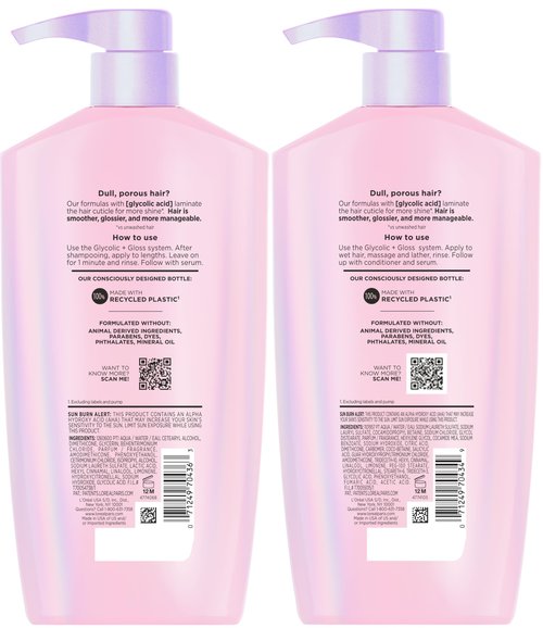 L'Oreal Paris Elvive Glycolic + Gloss Shine Boosting Shampoo and Conditioner Set, Cleanses and Smooths Dull, Porous Hair Into High-Shine, Glossy Hair, 1 Kit