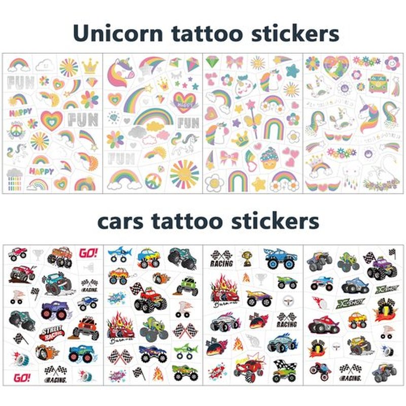 193pcs Unicorn & Truck Wheels 2 in 1 Kit Waterproof Temporary Tattoos Groovy Fake Tattoo for Kids Birthday Party Decoration, Star Smiley Rainbow Racing Car Flag Trophy Tattoo Stickers for Boys Girls