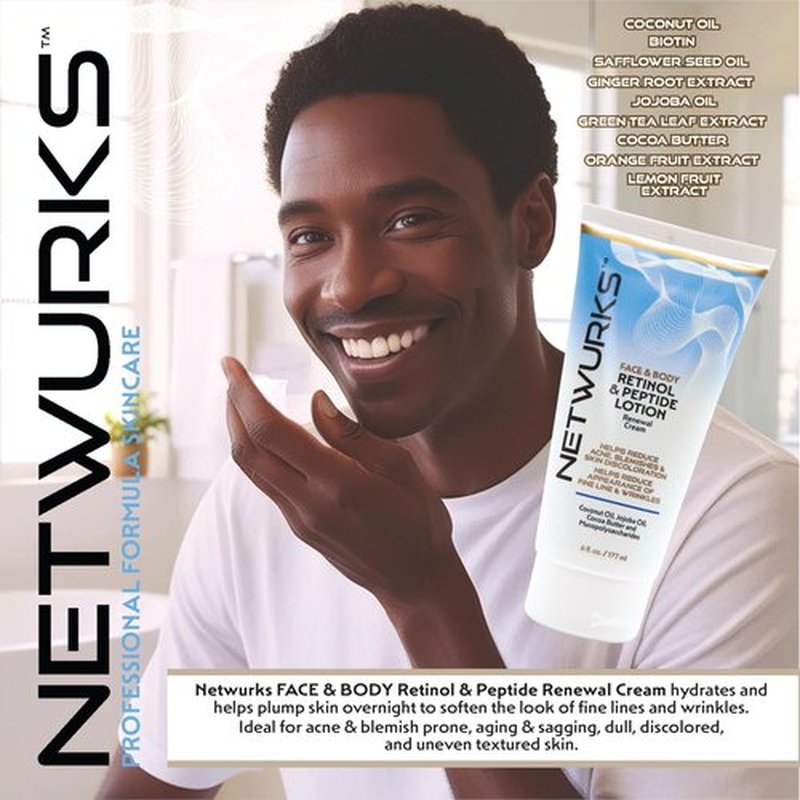 NetWurks Retinol & Peptide Lotion, Renewal Night Cream for Face & Body to Help Reduce Blemishes & Appearance of Fine Lines & Wrinkles, 6 Fl Oz