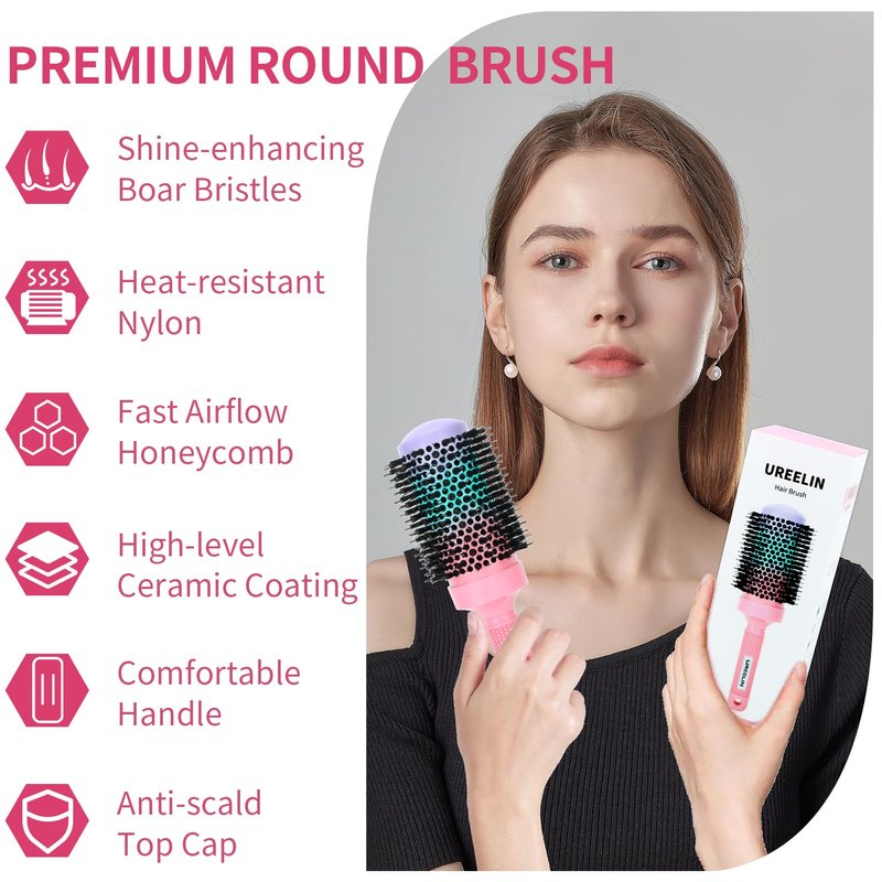 UREELIN Round Brush for Blow Out - 2.1 Inch Large Nano Thermal Ceramic & Ionic with Boar Bristles - Salon Blow Drying Hair Brush for Drying,Volumizing, Curling, Shine & Smooth Styling
