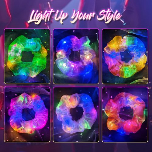 6 Pcs LED Scrunchies for Women, Colorful Mermaid Scrunchy, Light Up Scrunchies for Girls, 3 Light Modes, Glow in the Dark Hair Accessories