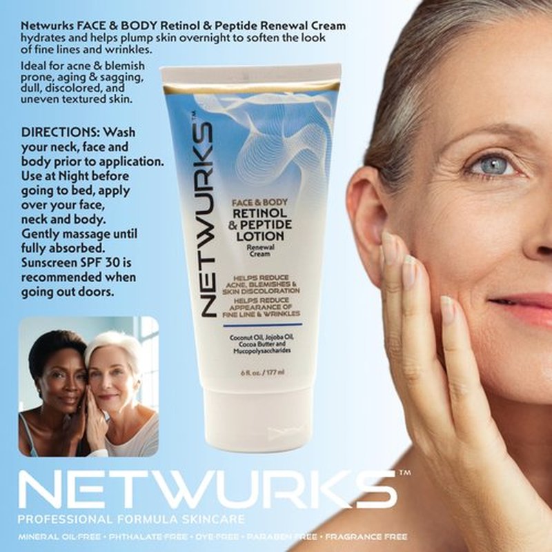 NetWurks Retinol & Peptide Lotion, Renewal Night Cream for Face & Body to Help Reduce Blemishes & Appearance of Fine Lines & Wrinkles, 6 Fl Oz