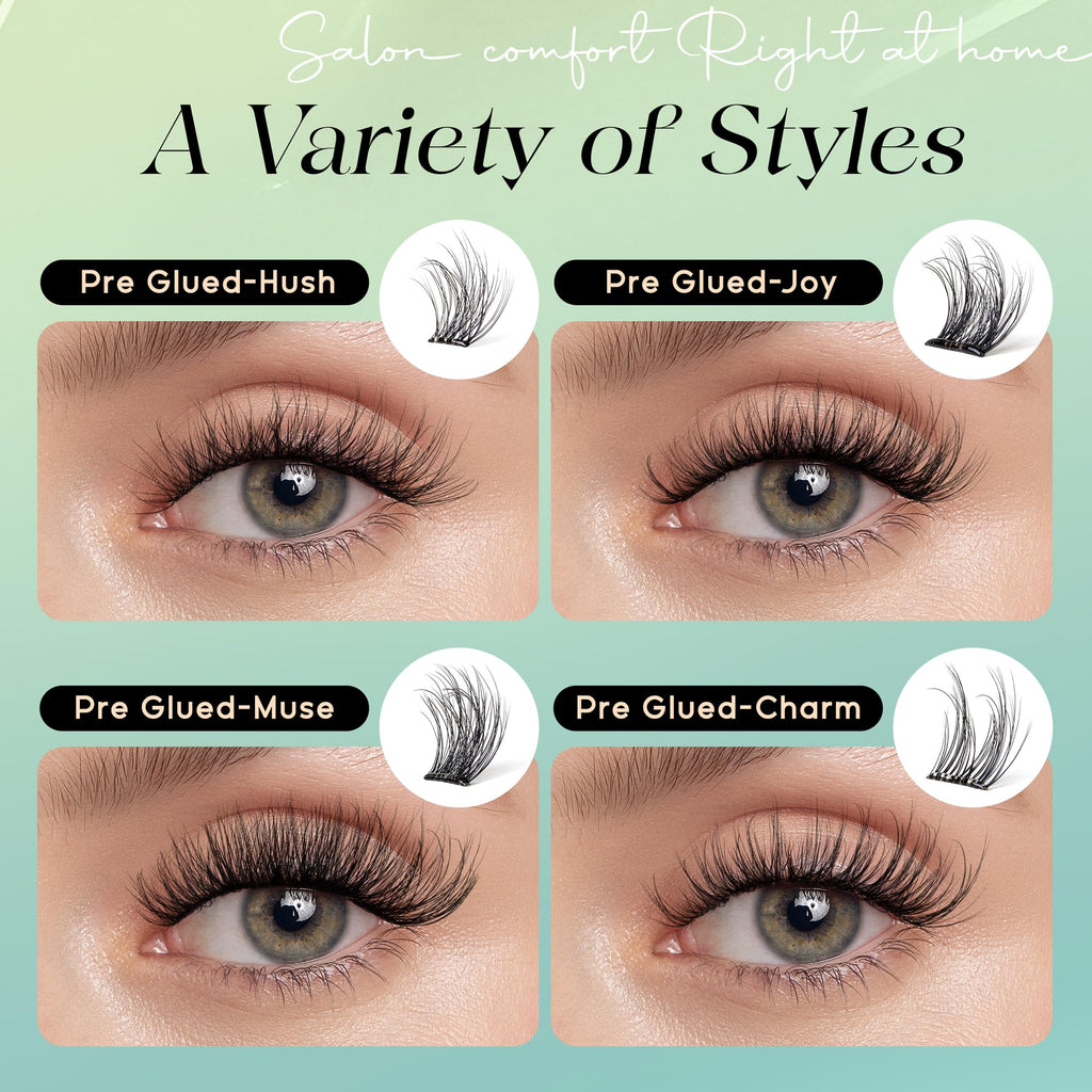 VYRILA Self-Adhesive Lash Cluster, 120pcs Pre-Glued Clusters, Pop-On Faux Eyelashes, 3D Band D Curl Natural Look Lahses, Easy to Apply, Reusable 0.05mm Eyelash Extensions (Green Hush-D-0.05-10-16mix)