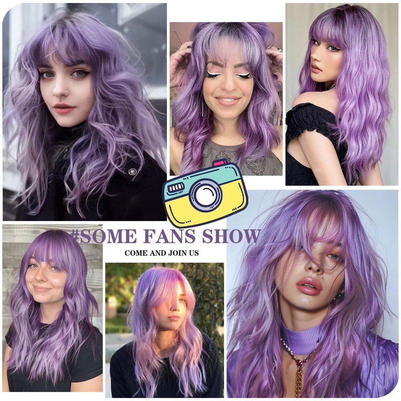 Xinran Purple Wavy Wig with Bangs for Women 18 Inch Medium Length Natural Synthetic Hair Heat Resistant Long Ombre Purple Wigs with Dark Roots for Party Cosplay Daily Halloween