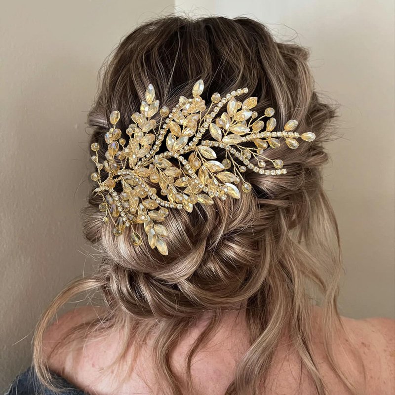 WONRLUA Wedding Hair Pieces for Brides, Handmade Bridal Headpieces, Rhinestone Hair Accessories for Women and Girls(Champagne)