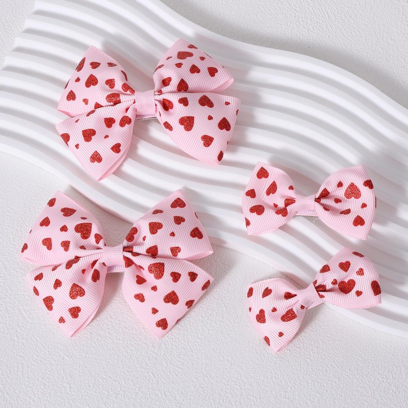 Valentines Pink Hair Bows Gift for Girls Women 4Pcs Cute Handmade Glittery Red Love Heart Ribbon Alligator Clips, Her Wedding Birthday Party Dress Decoration Accessories