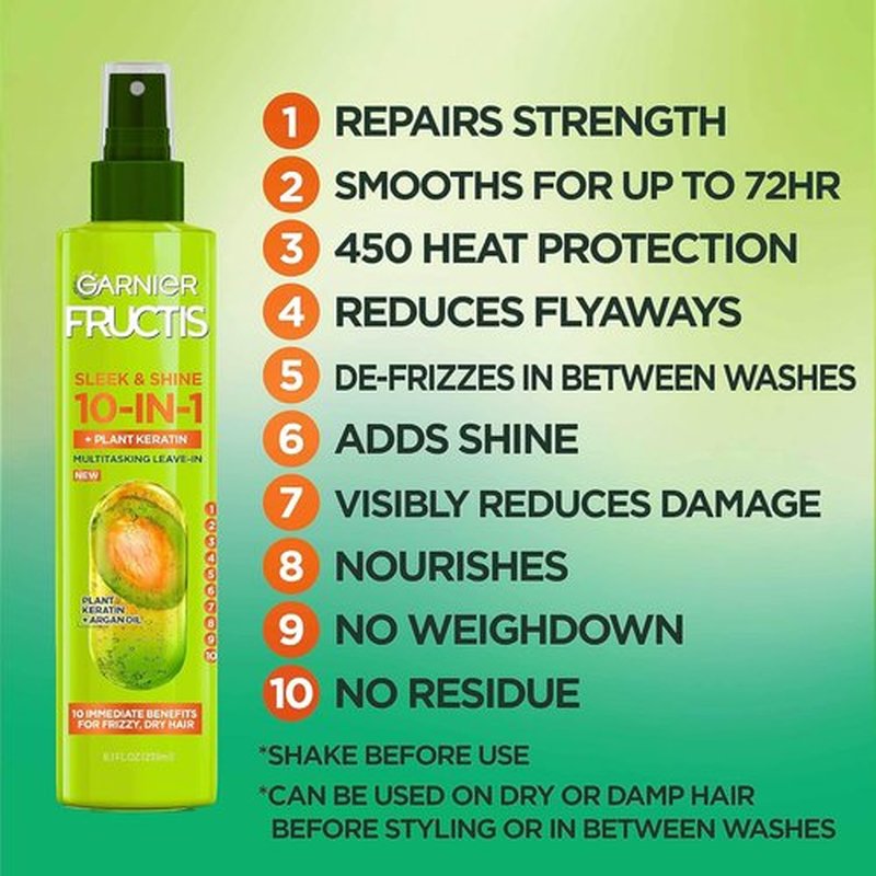 Garnier Fructis Sleek & Shine 10-in-1 Treatment - Frizz Control with Plant Keratin, 8.1 Fl Oz